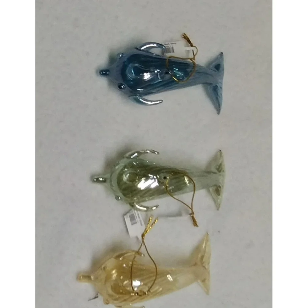 Hand Blown Glass Dolphin‎ Ornaments Set of 3 Iridescent Coastal Decor Nautical